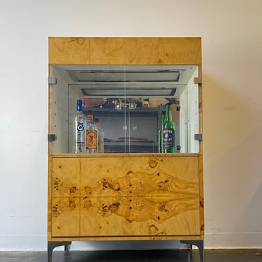 Post modern Faux burl wood drop down bar cabinet 