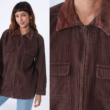 Brown Corduroy Shirt Y2k Zip Up Shirt Retro Streetwear Long Sleeve Chest Pocket Jacket Simple Basic Top Casual Minimalist Vintage 00s Medium 
