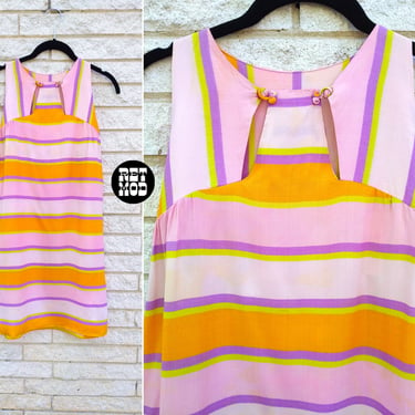 Cute Vintage 60s Pink Lime Orange Stripe Lightweight Summer Shift Dress 