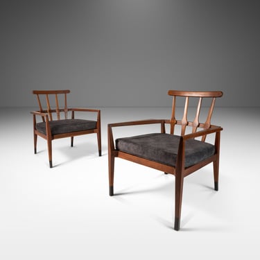 Set of Two (2) Mid-Century Modern Angular Arm Chairs in Walnut & Velour by Foster McDavid, USA, c. 1960's 
