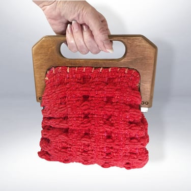 VINTAGE 40s 50s Red Chenille Knit Pouch Handbag with Wooden Handle | 1940s 1950s Handmade Knitting Purse Crochet Sewing Bag vfg 