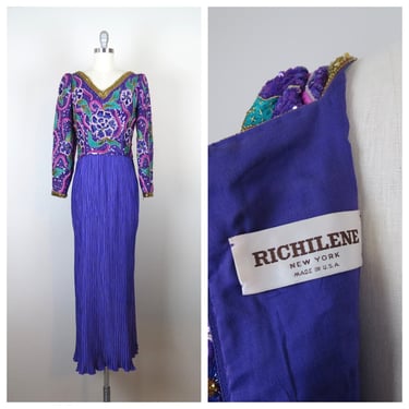 Vintage 1980s Richilene formal dress beaded embroidered sequined cocktail evening pleated silk 