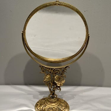 Vintage Matson 24kt Gold Plated Ormolu Bird Tree Dogwood Tilt Vanity Mirror, Vintage Christmas, gifts for her, grandmillennial, gold mirror 