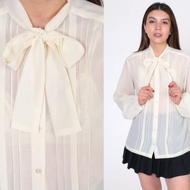 Sheer Ascot Blouse 80s Off-White Neck Tie Top Vintage Pussy Bow Secretary 1980s Button Up Boho Long Sleeve Bohemian Vintage Medium 