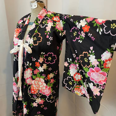 Kimono Robe Vintage Cotton Neon Floral and Black Yukata XS 
