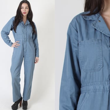 40s 50s Blue Seersucker Utility Jumpsuit, Donut Hole Button Up Coveralls, Vintage Small One Piece Playsuit Size 34 