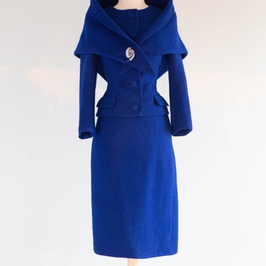 Elegant 1950's Royal Blue Wool Suit with Shawl Wrap and Fabulous Silk Lining / XS