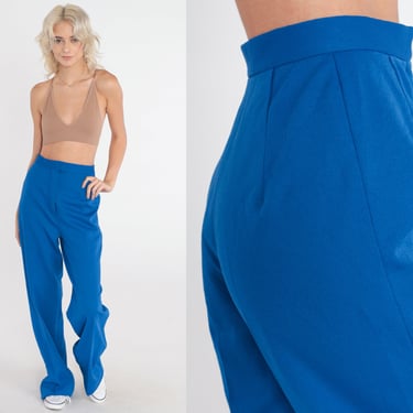 Royal Blue Trousers 70s Flared Pants High Waisted Bellbottoms Wide Flared Leg Creased Pants Preppy Slacks Vintage 1970s Extra Small xs 24 