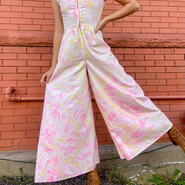 Vintage 40s pink floral cotton beach pajamas jumpsuit small by TimeBa