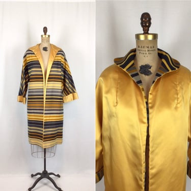 Vintage 60s coat | Vintage grey stripe yellow satin coat | 1960s reversible open front coat 