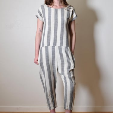 Softest Cotton Gauze Gray + White Striped ACE & JIG Open Back Chic MINIMALIST Tapered Resort Jumpsuit Outift 