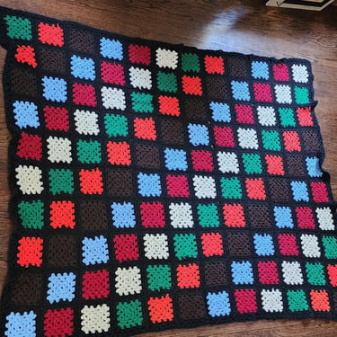 Vintage Granny Square Blanket Multicolored w/Black Border 