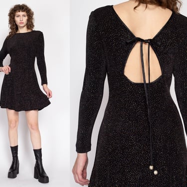 Medium 90s Black Sparkle Keyhole Back Mini Dress | Vintage Scott McClintock Metallic Glitter Long Sleeve Cocktail Party Dress 