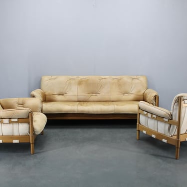 1960s Oak Scandinavian Living Room Set of Sofa and Armchairs in Fine Leather Upholstery / Mid-century Sofa / Vintage Armchairs / 