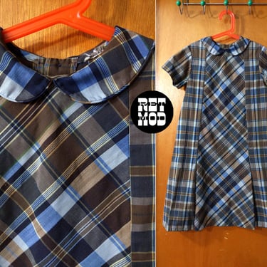 KID SIZE - Vintage 60s 70s Blue Brown Plaid Mod Shift Dress with Peter Pan Collar 