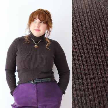 SIZE M 1990s Brown & Black Ribbed Turtleneck Pullover - Cotton Ribbed 90s Knit Sweater - Long Sleeve Ribbed Turtleneck 