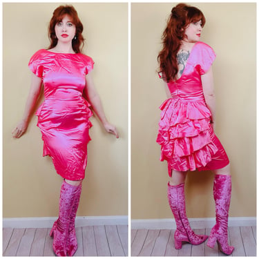 1980 Vintage Hot Pink Vamp Ruffled Bustle Dress / 80s Acetate Satin Cap Sleeve Wiggle Dress / Size Large 