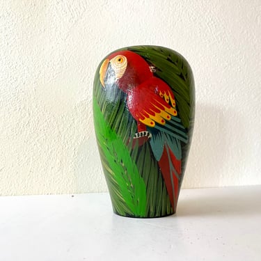 Vintage Wood Turned Handpainted Parrot + Toucan Vase 