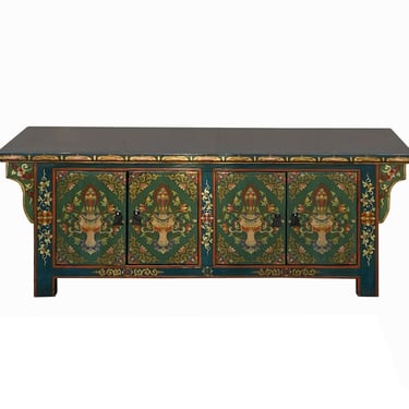 Chinese Tibetan Teal Green Blue Jewel Treasure Graphic Low TV Console Table cs7744E 