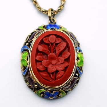 50's carved cinnabar flower gilt silver cloisonne pendant, ornate enamel 925 sterling vermeil necklace 