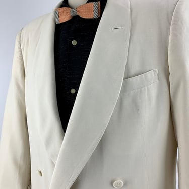 1940s-50s Dble Breasted TUXEDO Jacket - Shawl Collar - AFTER SIX - Off White Cotton or Linen - Shoulder Pads - Lined - Size Large 