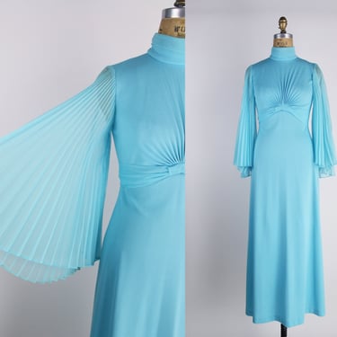 70s Baby Blue Pleated Dress / Bell Sleeves / Megan Draper Dress / 60s Dress / Vintage maxi Dress/ Size XS/S 