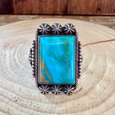 M&R CALLADITTE NAVAJO Square Turquoise Sterling Silver Ring | Large Statement Ring | Native American Southwestern Jewelry | Size 10 