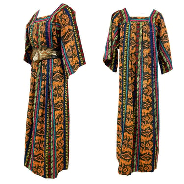 Vtg Vintage 1960s 60s Mexican Woven Metallic Mayan Textile Tunic Maxi Dress 