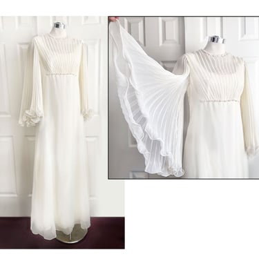 1960's Ivory White Long WEDDING GOWN Dress Emma Domb Flared Pleated Curly CHIFFON, Beaded Pearls Bridal Mod 1970's Flared Angel Bell Sleeves 