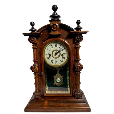 1880s Antique American Welch Spring & Co 8 Day Patti Carved Rosewood Table Mantle Strike Clock