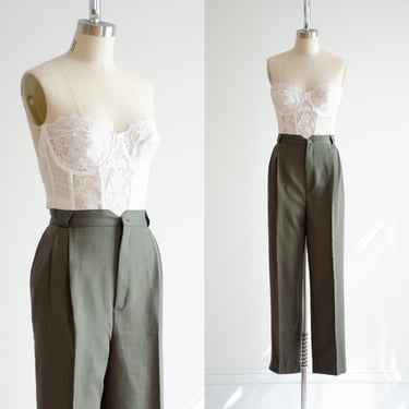 high waisted pants 90s plus size vintage dark green pleated straight leg trousers 