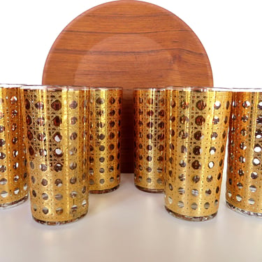 Set Of 6 Culver Cannella Gold Highball, Hollywood Regency Gold Barware, Mid Century Modern Gold Rattan Highballs 