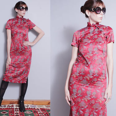 Vintage 1990's | Red | Asian Inspired | Cheongsam | Mandarin Collar | Midi | Dress | XS/S 