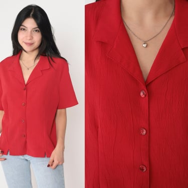 Red Blouse 90s Button Up Shirt Retro Plain Simple Short Sleeve Collared Top Notched Collar Preppy Basic Button Down Vintage 1990s Medium M 