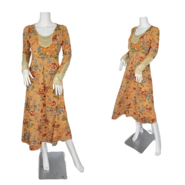 Susie Craig 1970's Apricot Floral Print Lace Knit Midi Dress I Sz Sm I Bill Berman 