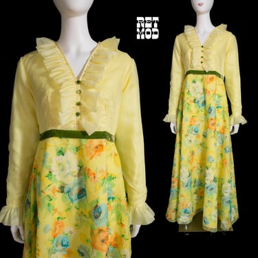 Groovy Vintage 60s 70s Yellow Floral Maxi Dress with Ruffles and Green Velvet Ribbon & Buttons 