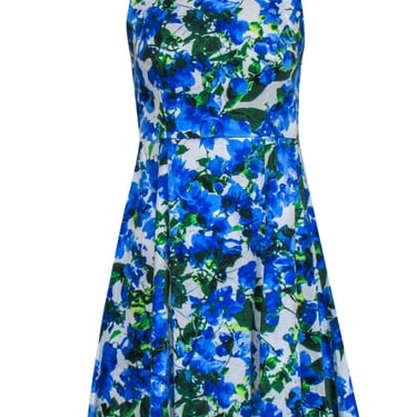Milly - Blue, White & Green Floral Print Sleeveless Fit & Flare Dress Sz 2