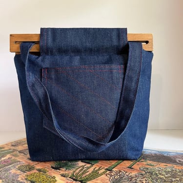 Handmade Blue Cotton Denim Cottage Western Wooden Handle Shoulder Bag 