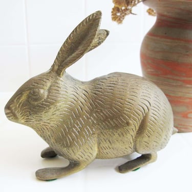 Vintage 70s Brass Rabbit Animal Figurine - 1970s Etched Gold Metal Bunny Statue 