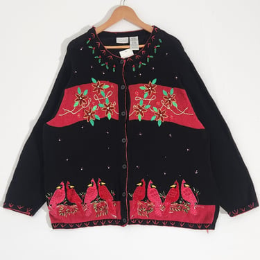 Vintage 90s Beaded Fall Festive Black/Red Knitted Cardigan Sz. 2XL