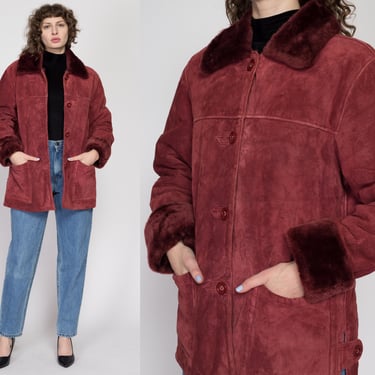 Medium 90s Dennis Basso Raspberry Red Suede Fur Trim Coat | Vintage Designer Button Up Leather Jacket 
