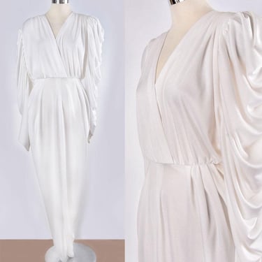 70's White CLIMAX Grecian Goddess Disco Dress, Long Maxi Polyester, 1970's, 1980's, size 7/8, MEDIUM, Vintage Draped 