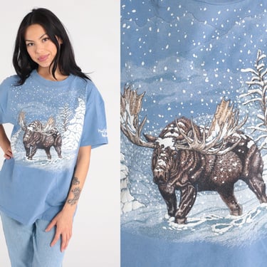 Snowy Moose Shirt 90s Winter Animal TShirt Vintage Snow Graphic Shirt Blue Tee 1990s t shirt Wildlife Shirt Wilderness Large 