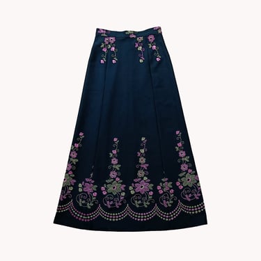 Phoneix 1970s Floral Embroided High Waist Maxi Skirt - Size S/M 