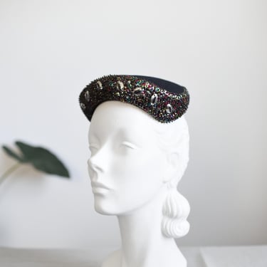 1950s Black Sequined Casque Hat 