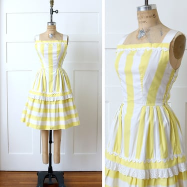 vintage 1950s cotton sundress • yellow & white wide striped nipped waist summer dress 