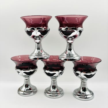 5 Piece Art Deco Rare Purple Amethyst Farber Cambridge Krome Kraft Chrome Liquor Cocktail Goblets by LeChalet