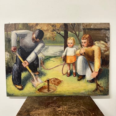 1930s WPA Painting of Family Planting a Tree - Antique Regionalist Paintings - Milwaukee Estate - Environmental Artwork - Rare Oil on Board 
