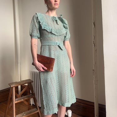 1930’s vintage dusty blue knit dress with ruffles, Bakelite belt and glass bead keyhole closure 