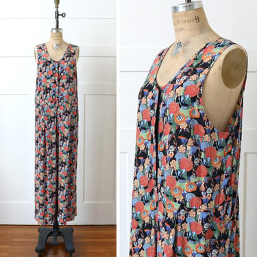 vintage 1990s FLAX overalls • colorful abstract floral rayon jumper onesie 